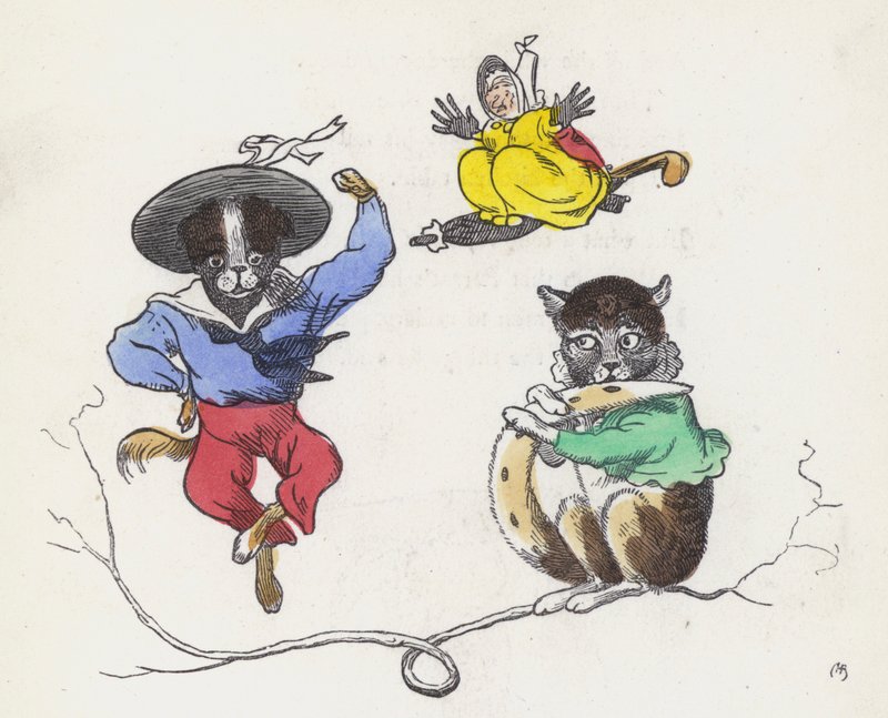 Dame Trottypeg och hennes katt och hund (färgad gravyr) av Charles Henry (after) Bennett