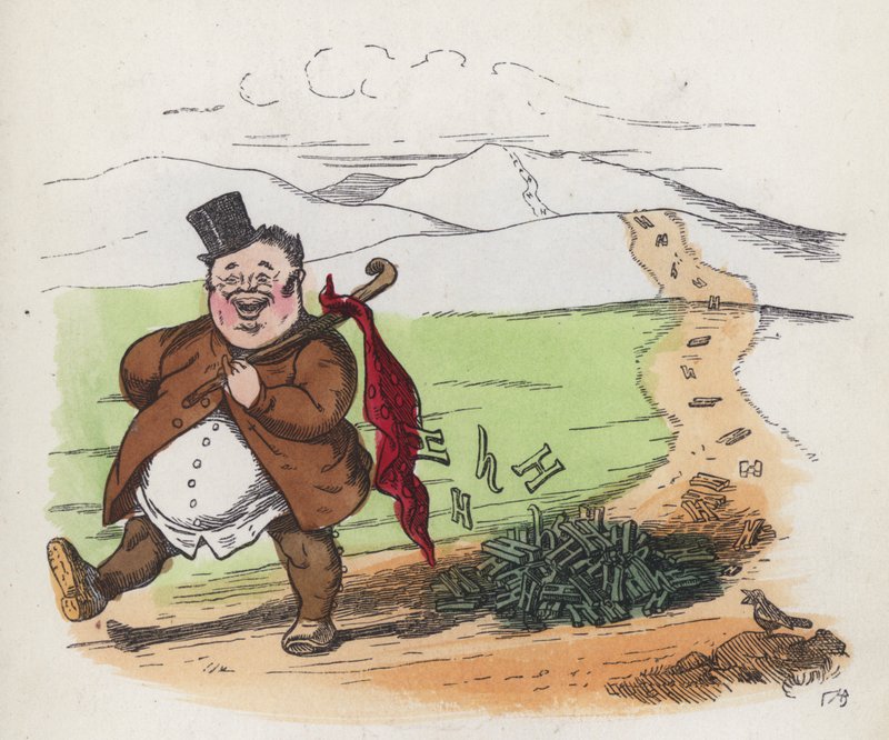 Fet man som går längs en väg och tappar sina klåda (färgad gravyr) av Charles Henry (after) Bennett