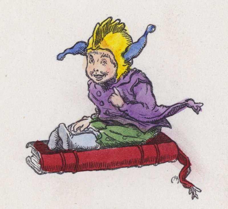 Figur som sitter på en bok och bär en gycklarhatt (färgad gravyr) av Charles Henry (after) Bennett