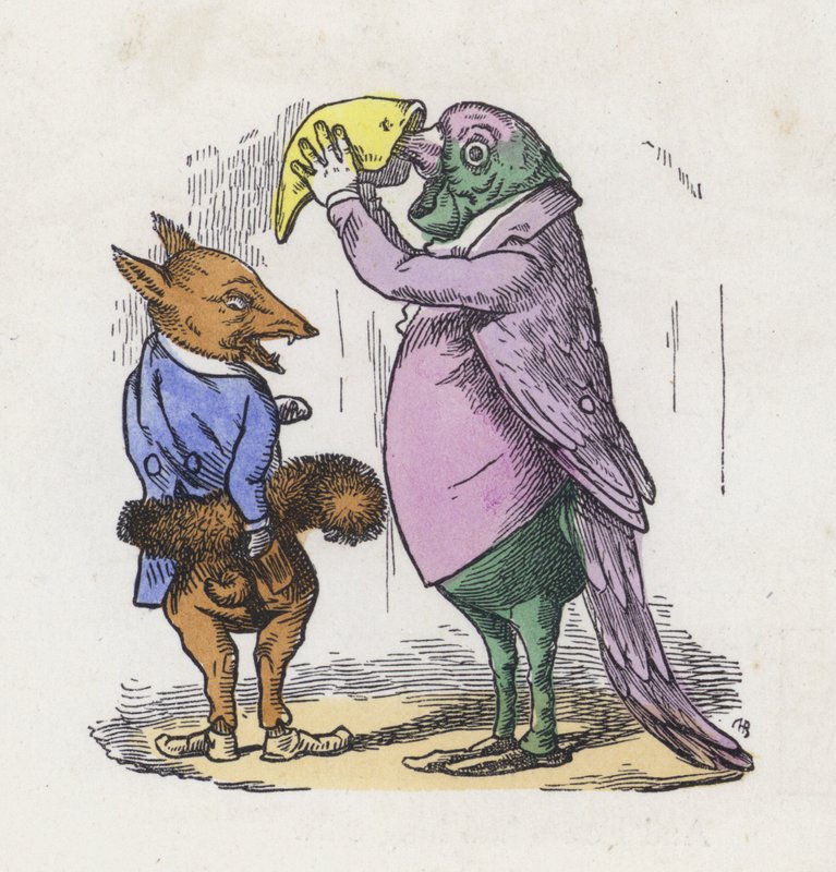 Räv använder sin svans som en muff och papegoja som snusar (färgad gravyr) av Charles Henry (after) Bennett