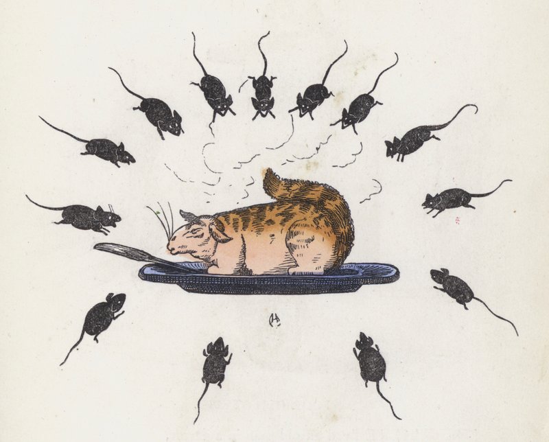 Frossande katt på en tallrik omgiven av hungriga möss (färgad gravyr) av Charles Henry (after) Bennett