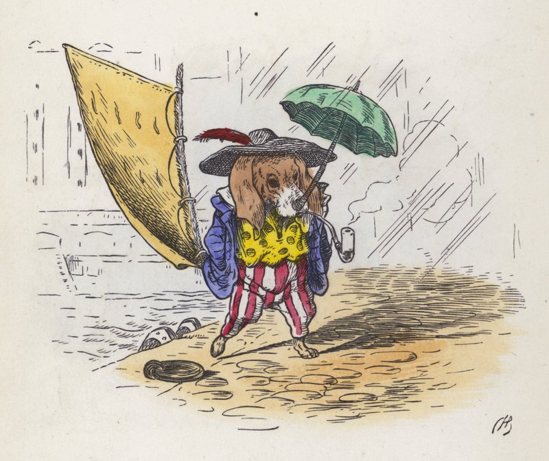 Little Jack Tar: hund som använder sin svans för ett segel och näsan för ett paraply (färgad gravyr) av Charles Henry (after) Bennett