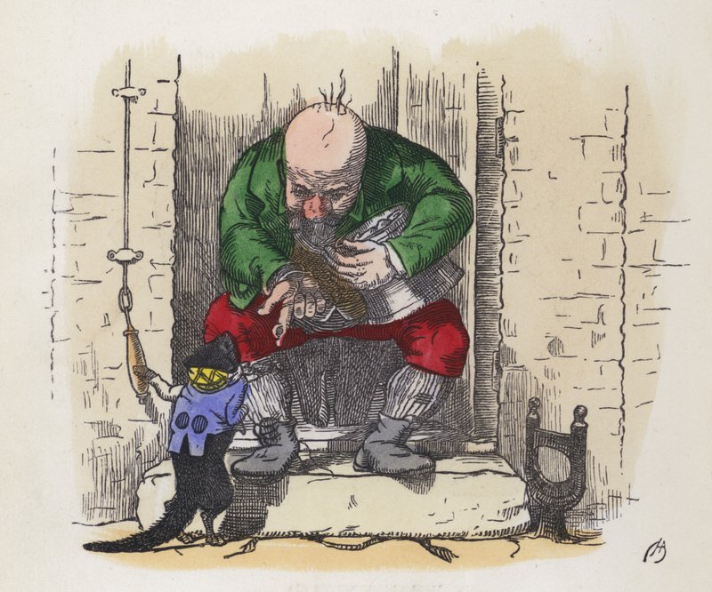 Liten svart katt som ringer på en mans dörrklocka (färgad gravyr) av Charles Henry (after) Bennett