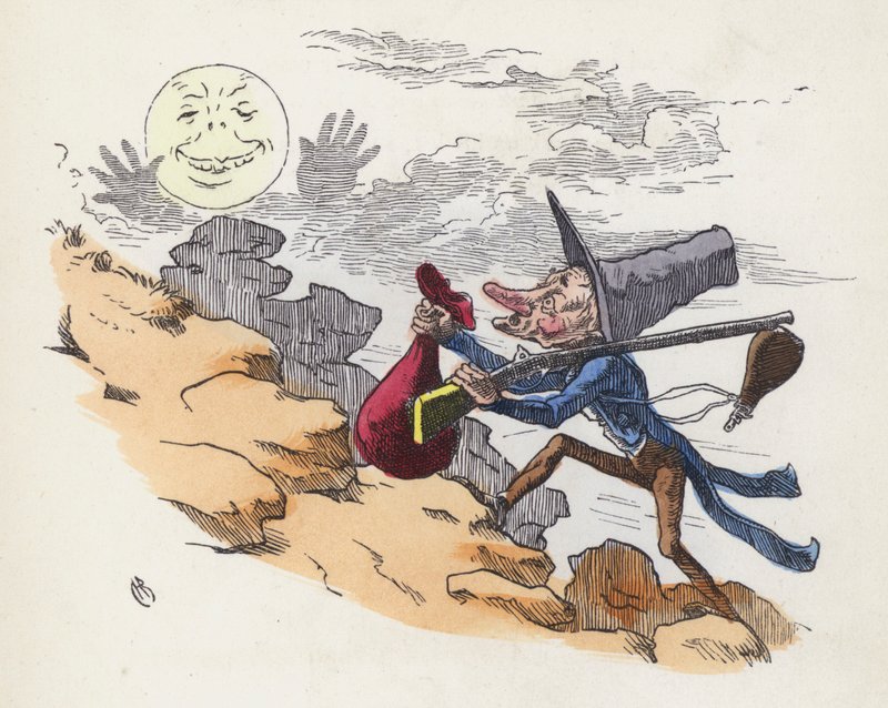 Man som klättrar på en kulle för att skjuta på månen (färgad gravyr) av Charles Henry (after) Bennett