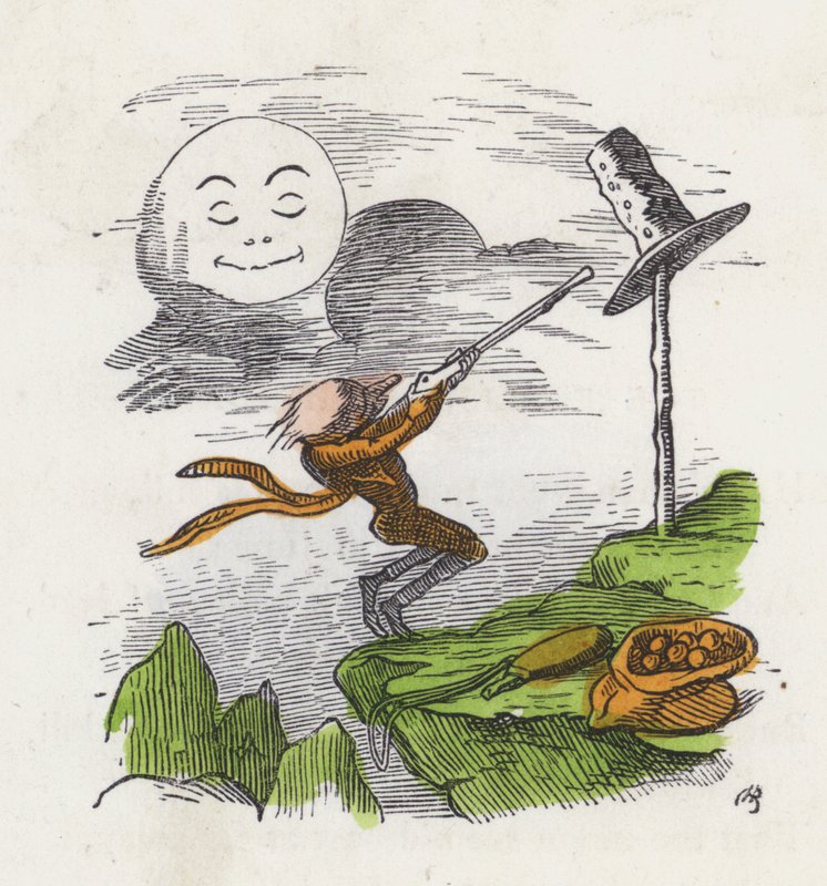 Man skjuter på sin hatt i frustration över att inte kunna träffa månen (färgad gravyr) av Charles Henry (after) Bennett