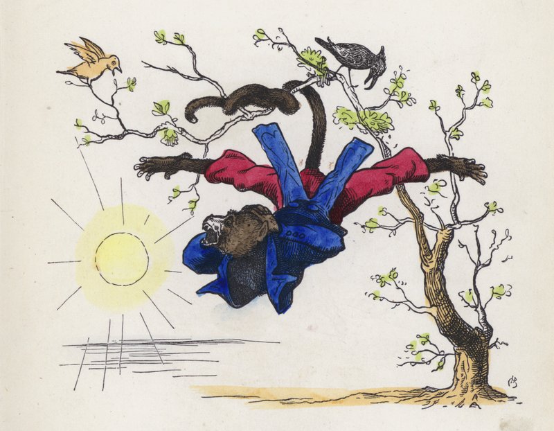 Apa som hänger från ett träd i svansen (färgad gravyr) av Charles Henry (after) Bennett