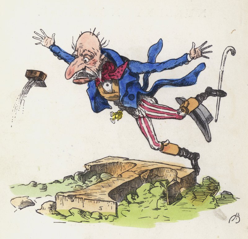 Gammal man snubblar över en sten formad som bokstaven T (färgad gravyr) av Charles Henry (after) Bennett