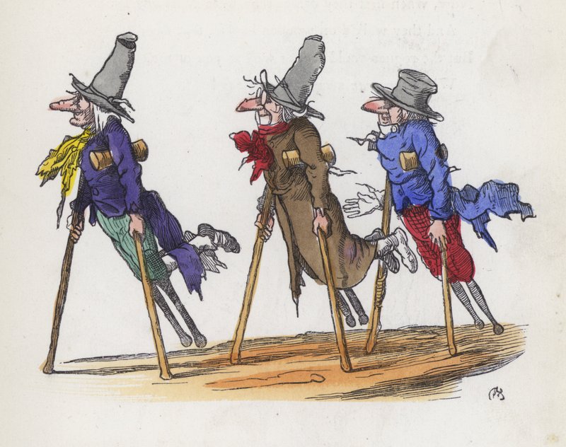 Tre handikappade tiggare (färgad gravyr) av Charles Henry (after) Bennett