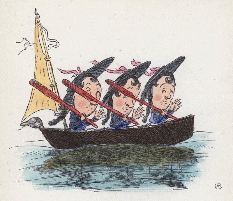 Tre sjömän i en båt (färgad gravyr) av Charles Henry (after) Bennett