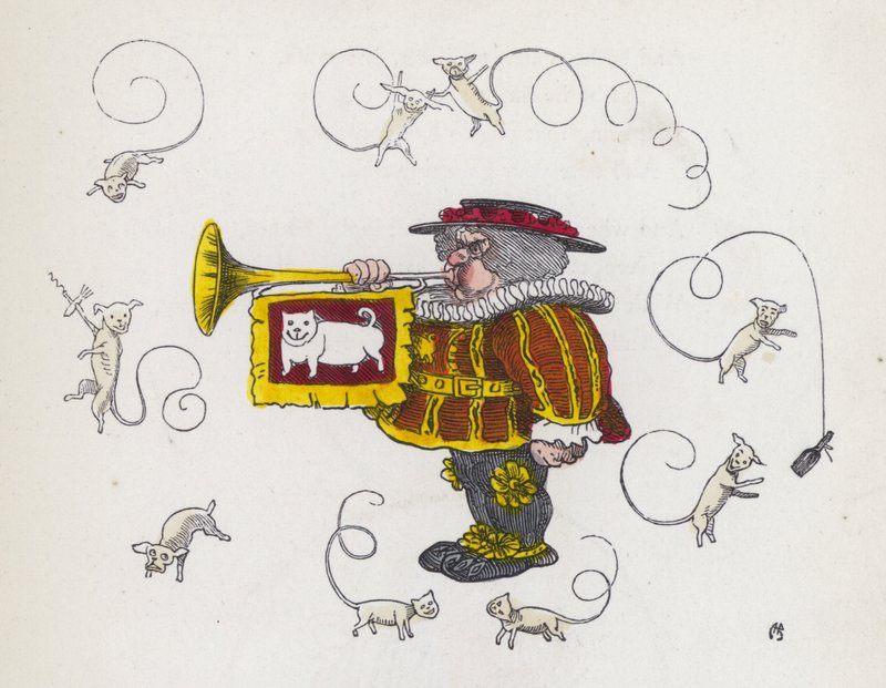 Stadsropare som blåser i trumpet, omgiven av hundar med lockigt svans (färgad gravyr) av Charles Henry (after) Bennett