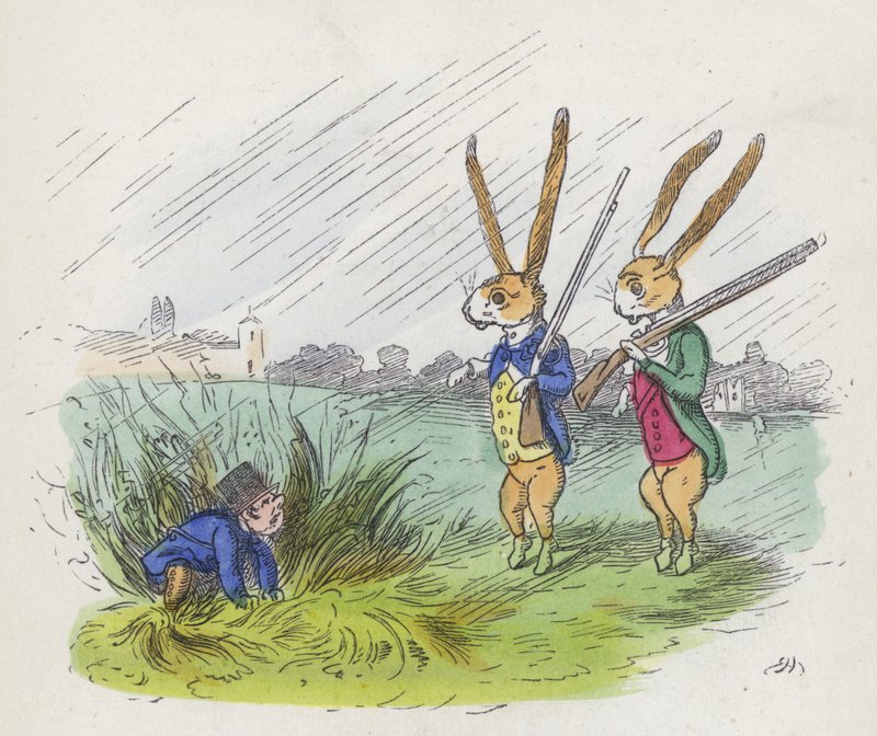 Två antropomorfa kaniner på jakt (färgad gravyr) av Charles Henry (after) Bennett