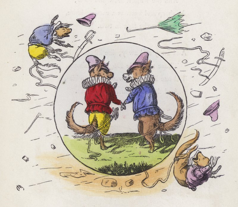 Två hundar i Tudor-dräkt ut på en promenad en blåsig dag med sina berättelser sammanbundna för att förhindra att de blåses bort (färgad gravyr) av Charles Henry (after) Bennett