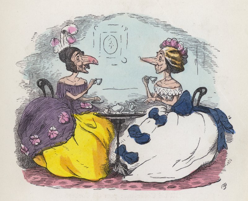 Två kvinnor med stora näsor som dricker te (färgad gravyr) av Charles Henry (after) Bennett