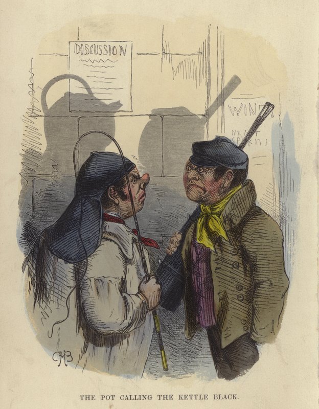 The Pot Calling The Kettle Black (färgad gravyr) av Charles Henry Bennett