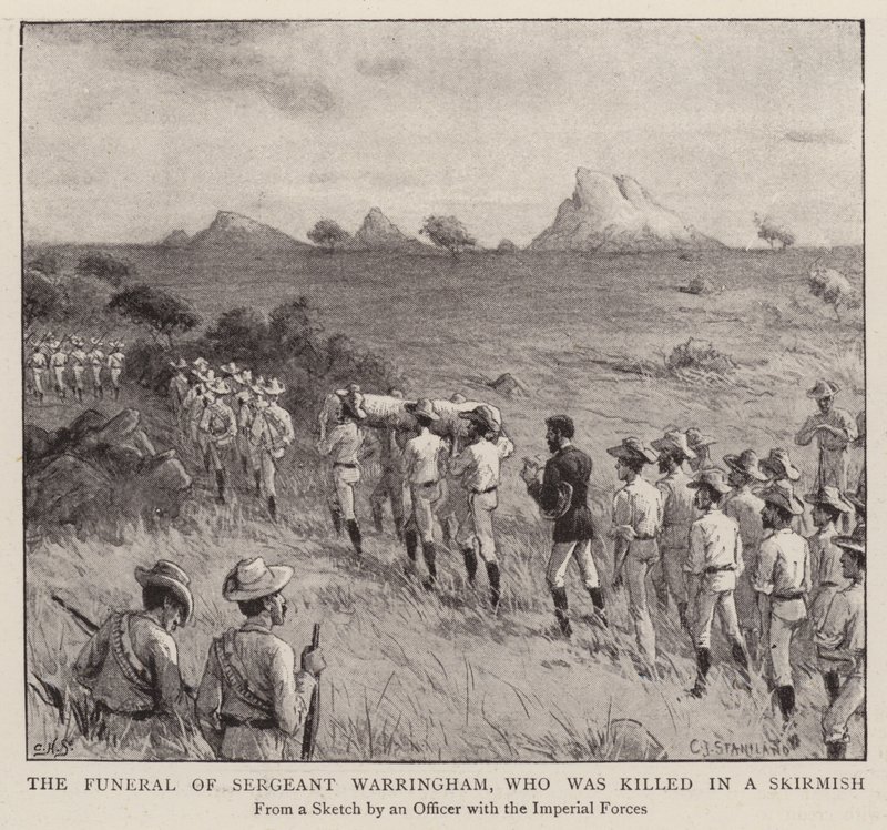 Sergeant Warringhams begravning, som dödades i en skärmytsling (gravyr) av Charles J. (after) Staniland