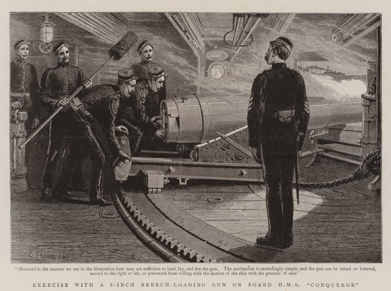 Träna med en 6-tums Breech-Loading Gun ombord på HMS Conqueror av Charles J. Staniland
