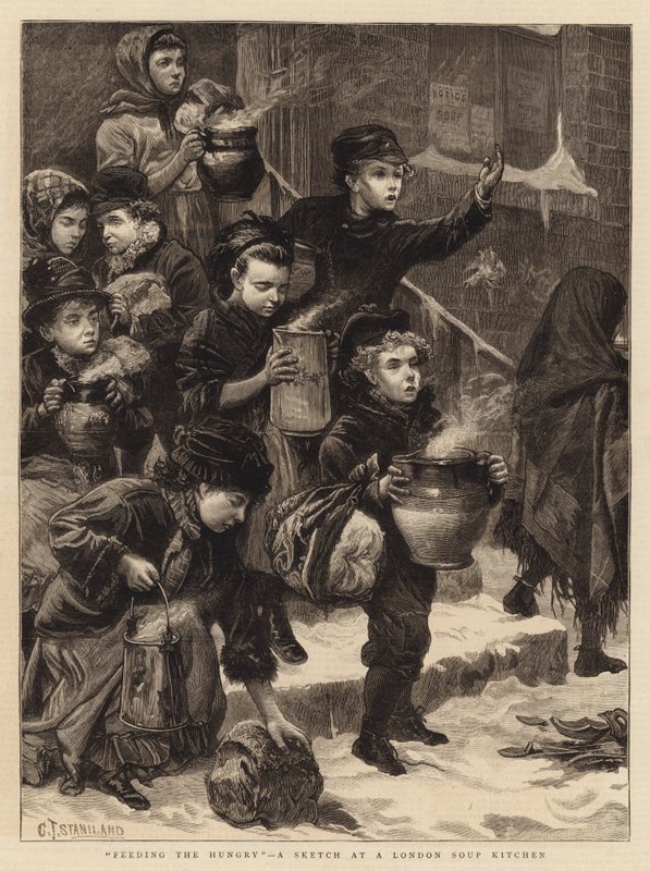 Mata de hungriga, en skiss på ett soppkök i London av Charles J. Staniland