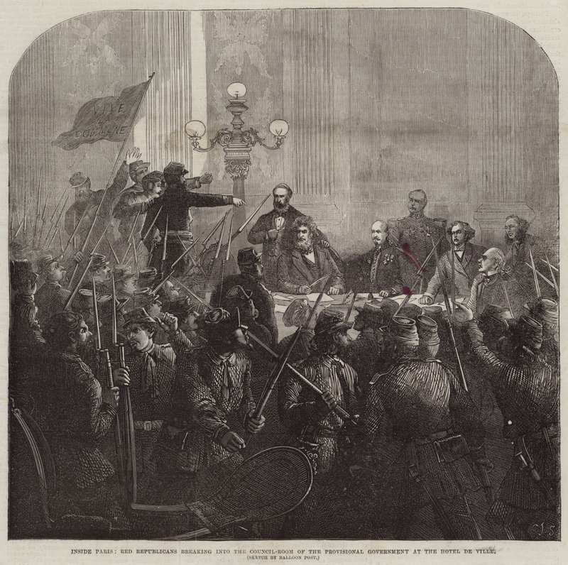 Inne i Paris bryter röda republikaner sig in i den provisoriska regeringens rådsrum på Hotel De Ville av Charles J. Staniland