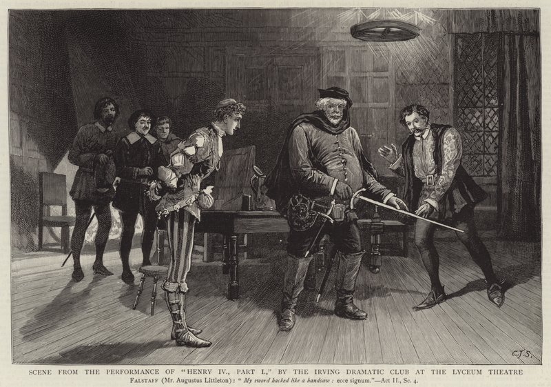Scen från föreställningen av Henry IV, del I, av Irving Dramatic Club på Lyceum Theatre. av Charles J. Staniland