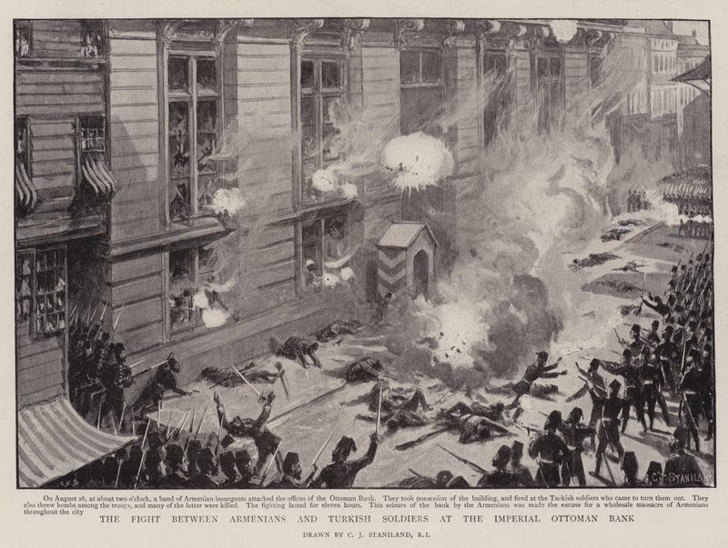 Kampen mellan armenier och turkiska soldater vid Imperial Ottoman Bank av Charles J. Staniland