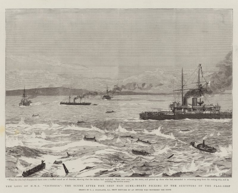 Förlusten av HMS Victoria, scenen efter att skeppet hade sjunkit, båtar som plockar upp flaggskeppets överlevande av Charles J. Staniland