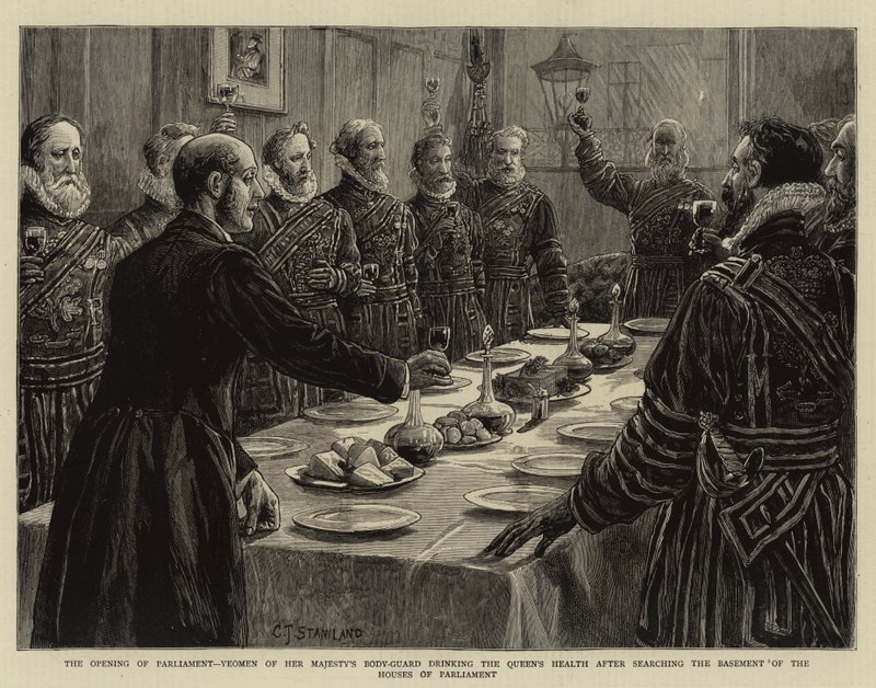 Öppnandet av parlamentet, Yeomen av Hennes Majestäts kroppsvakt dricker drottningens hälsa efter att ha genomsökt källaren i parlamentets hus av Charles J. Staniland