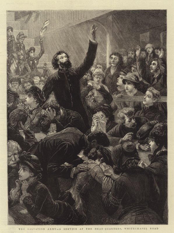Frälsningsarmén, en tjänst vid huvudkvarteret, Whitechapel Road av Charles J. Staniland