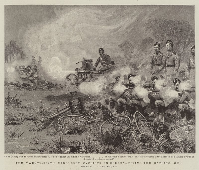 De tjugosjätte Middlesex-cyklisterna i Zereba avfyrar Gatling Gun av Charles J. Staniland