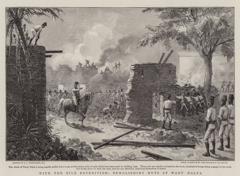 Med Nile Expeditionen, rivning av hyddor vid Wady Halfa av Charles J. Staniland