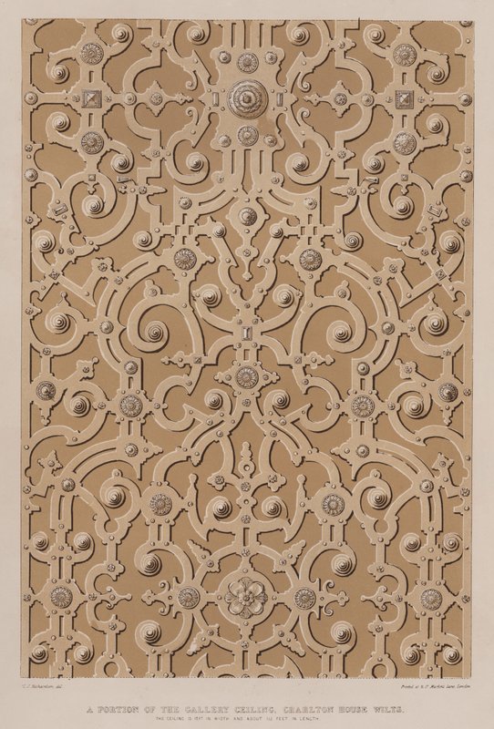 En del av galleritaket, Charlton House, Wilts, taket är 17 fot brett och cirka 115 fot långt (färg litho) av Charles James Richardson