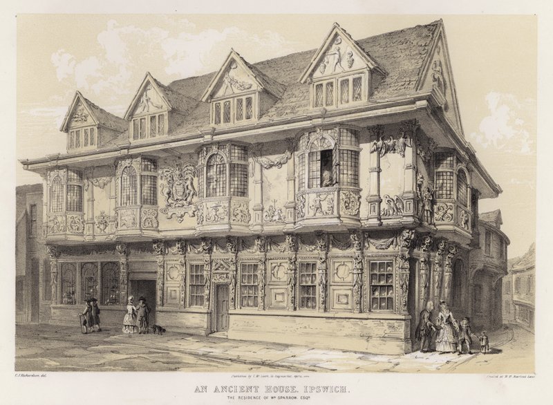 Ett gammalt hus, Ipswich, bostad för William Sparrow (färg litho) av Charles James Richardson