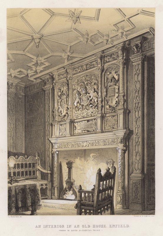 En interiör i ett gammalt hus, Enfield, känt som drottning Elizabeths palats av Charles James Richardson