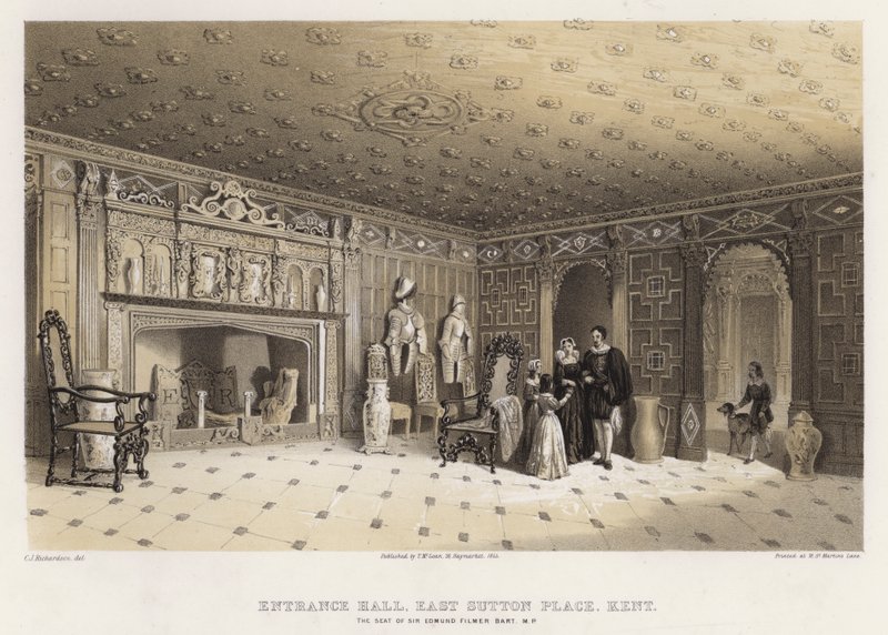 Entréhall, East Sutton Place, Kent, säte för Sir Edmund Filmer (färg litho) av Charles James Richardson