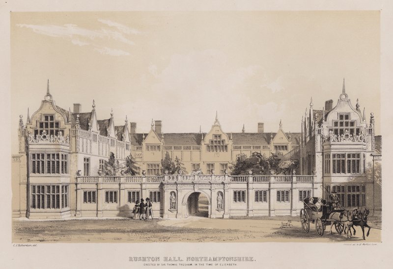 Rushton Hall, Northamptonshire, uppförd av Sir Thomas Tresham, på Elizabeths tid (färg litho) av Charles James Richardson