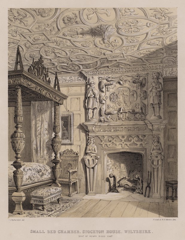 Liten sängkammare, Stockton House, Wiltshire, säte för Henry Biggs (färg litho) av Charles James Richardson