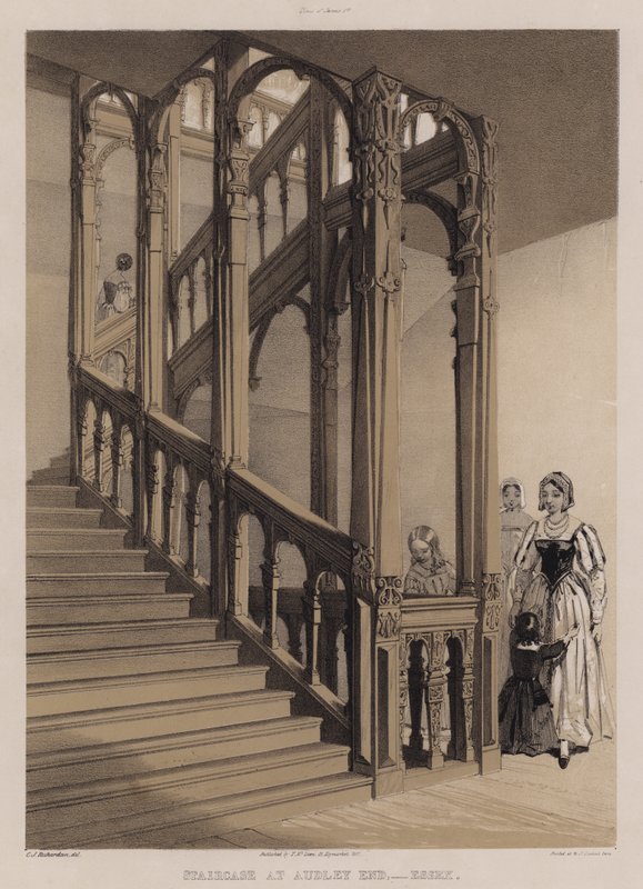 Trappa i Audley End, Essex (färg litho) av Charles James Richardson