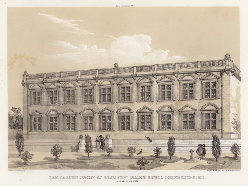 Trädgårdsfronten på Brympton Manor House, Somersetshire, Inigo Jones, arkitekt (färg litho) av Charles James Richardson