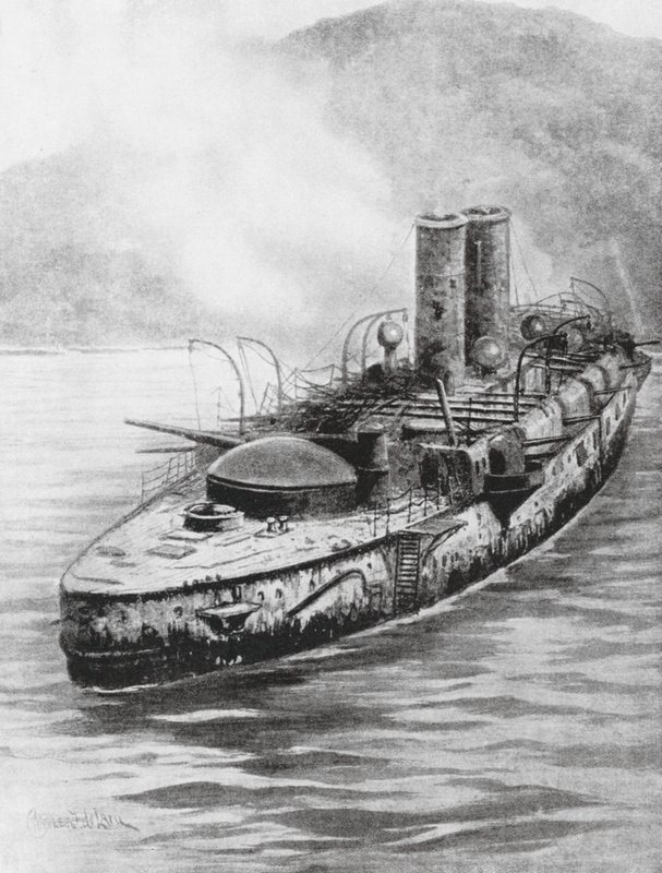 Den spanska pansarkryssaren Oquendo efter sjöstriden 1898 (litografi) av Charles John de (after) Lacy