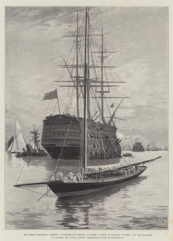 Den tyske kejsarens Meteor i Portsmouths hamn, ankrad framför Nelsons Victory, som nu är flaggskepp för amiral Sir Nowell Salmon, överbefälhavare i Portsmouth. av Charles John de Lacy
