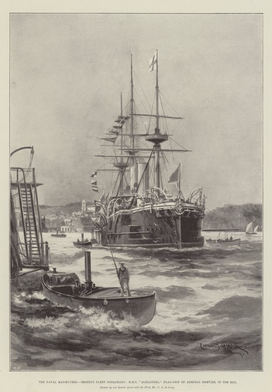 Naval manövrarna, reservflottans operationer, HMS Alexandra, flaggskepp av amiral Domvile, i Tor Bay av Charles John de Lacy