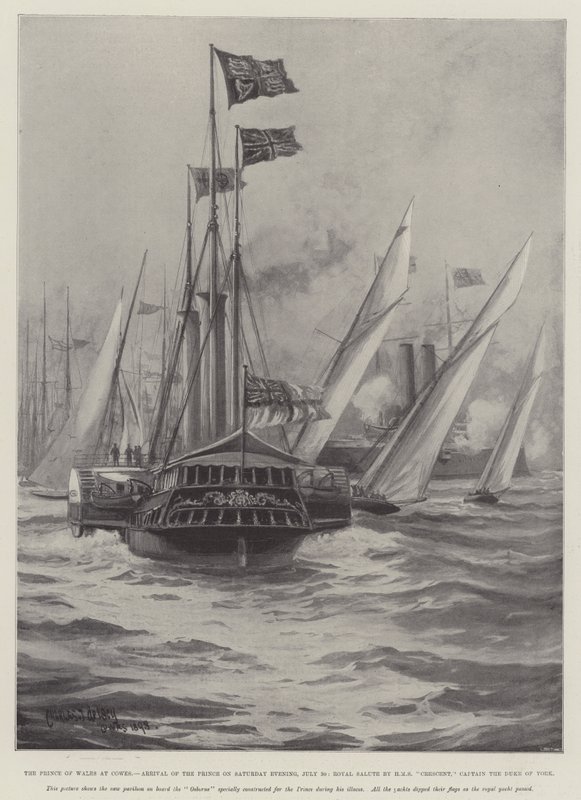 Prinsen av Wales i Cowes, Prinsens ankomst på lördagskvällen den 30 juli, Royal Salute av HMS Crescent, kapten hertigen av York av Charles John de Lacy