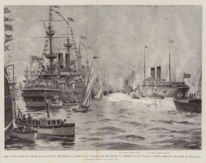 Drottningens diamantjubileumsmässa, överhuset (på Donau) och underhuset (på Campania) passerar genom järnplåtarnas linjer. av Charles John de Lacy