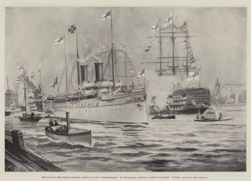 Den tyska kejsarens besök, Hohenzollerns ankomst till Portsmouths hamn, Nelsons flaggskeppsseger hälsar kejsaren av Charles John de Lacy