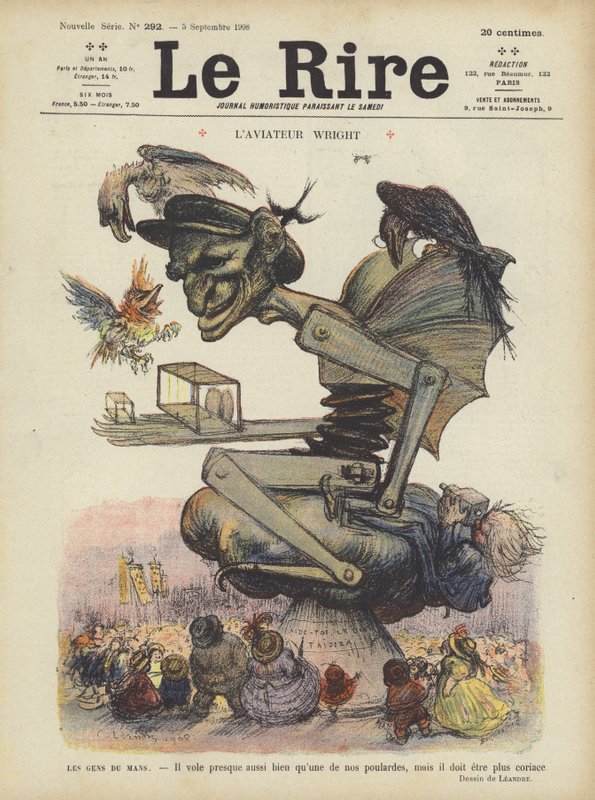 Karikatyr av den amerikanske flygaren Wilbur Wright. Illustration för Le Rire av Charles Leandre
