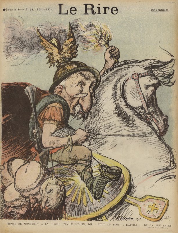Karikatyr av Frankrikes premiärminister Emile Combes som Hunnen Attila. Illustration för Le Rire av Charles Leandre