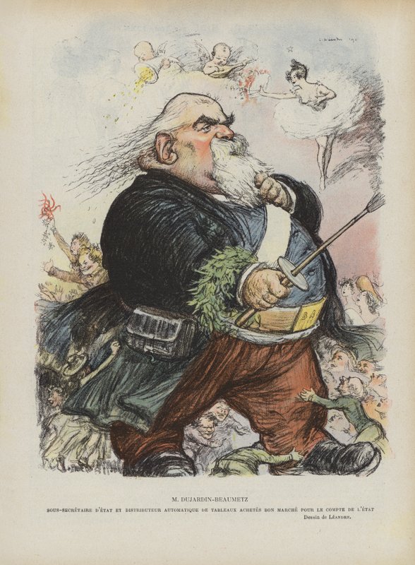 Karikatyr av den franske målaren och politikern Etienne Dujardin-Beaumetz. Illustration för Le Rire av Charles Leandre