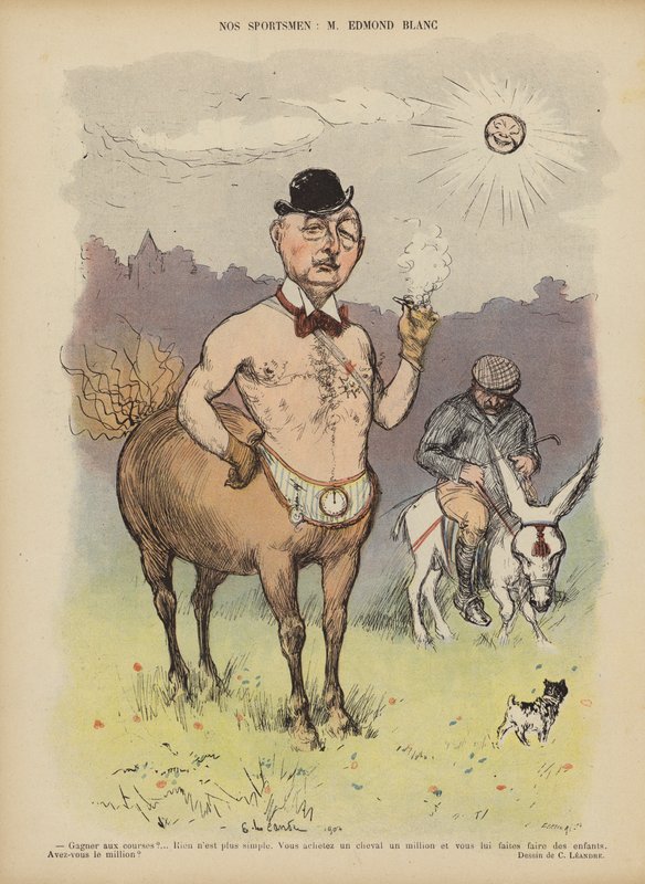 Edmond Blanc, fransk kapplöpningshästägare och uppfödare. Illustration för Le Rire av Charles Leandre