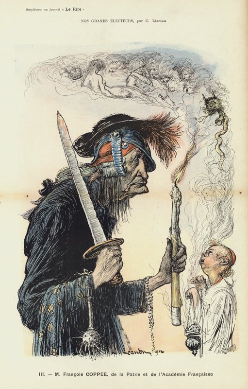Francois Coppee, fransk författare och nationalist, illustration för Le Rire av Charles Leandre