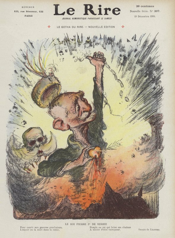 Kung Peter I av Serbien. Illustration för Le Rire av Charles Leandre