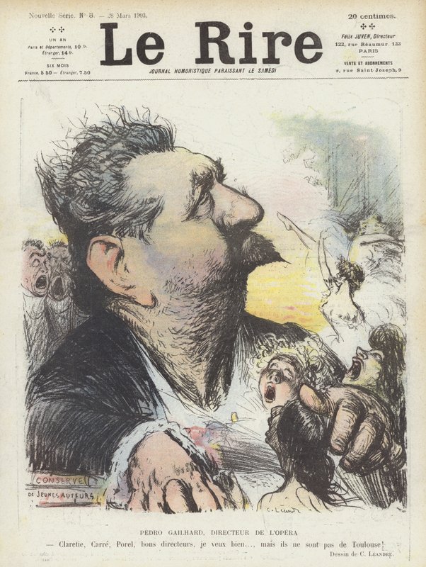 Pedro Gailhard, chef för Parisoperan. Illustration för Le Rire av Charles Leandre